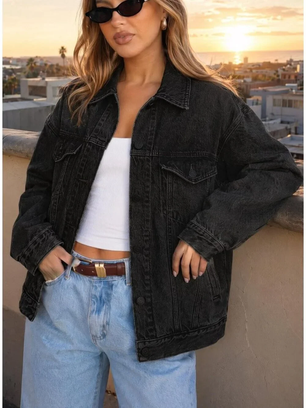 Women's Black Oversized Casual Trucker Jeans Jacket Long Sleeve Button Down Coat